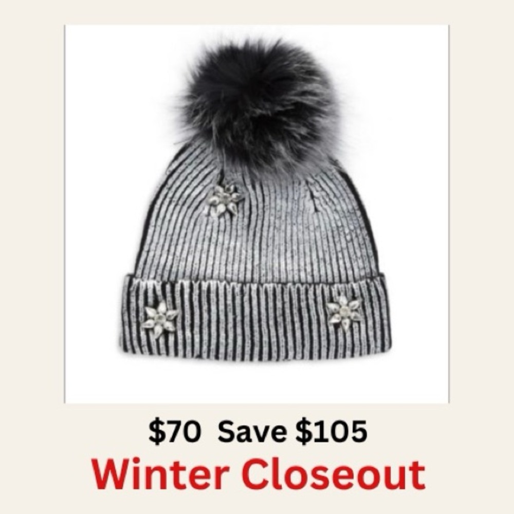🆕 GlamourPuss NYC Embellished Metallic & Fox Fur Pom-Pom Beanie